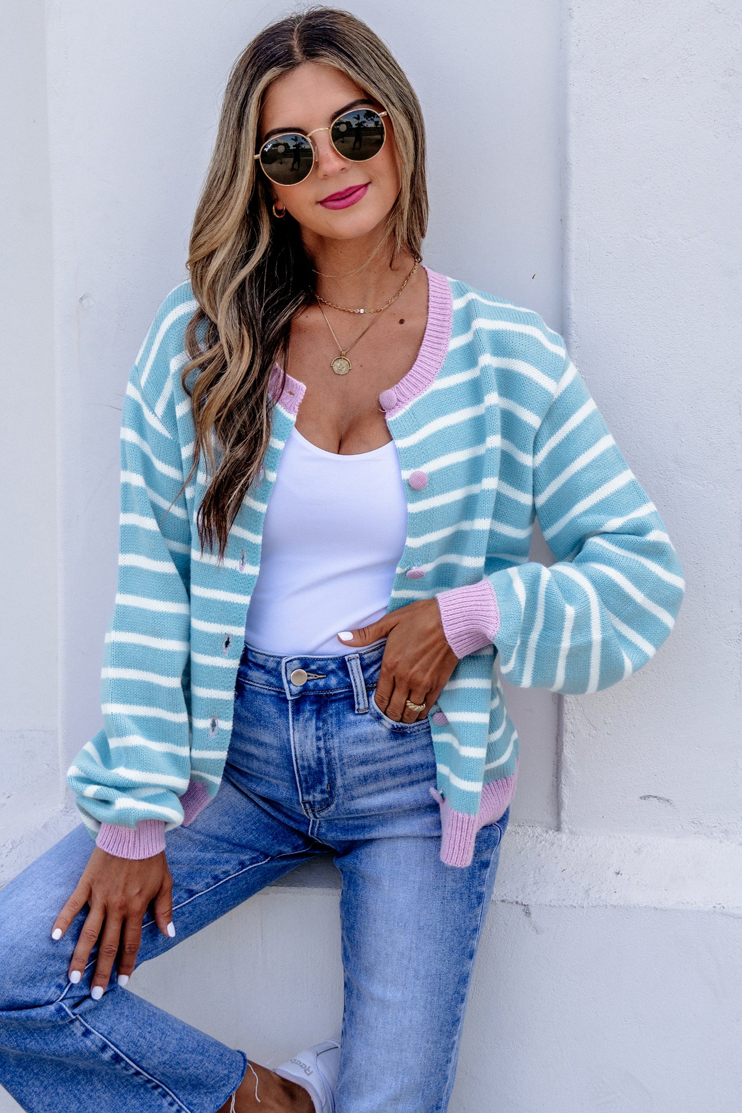 Sky Blue Stripe Contrast Trim Button Down Casual Sweater Cardigan