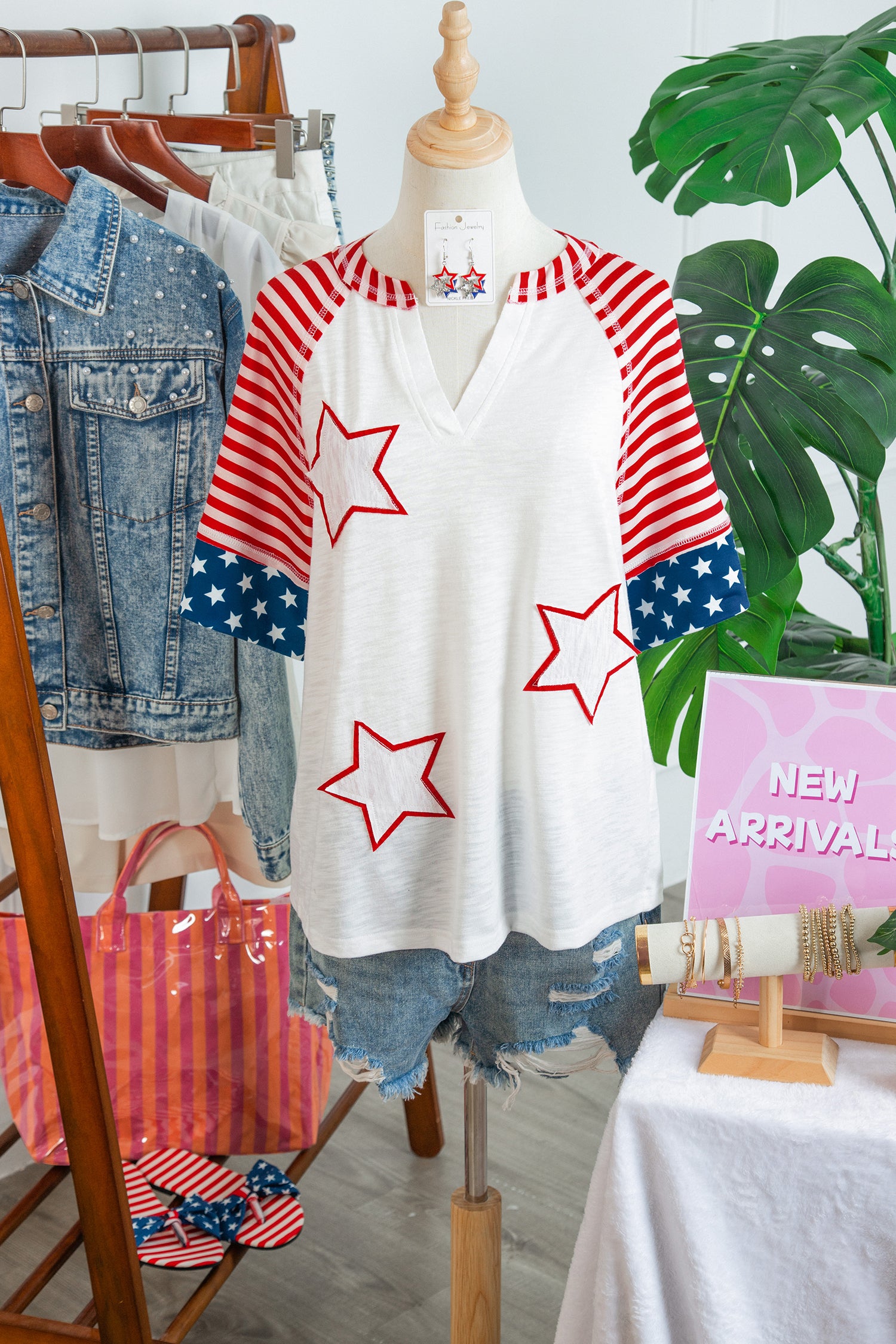 Fiery Red Star Detail Flag Inspired Short Sleeve Top