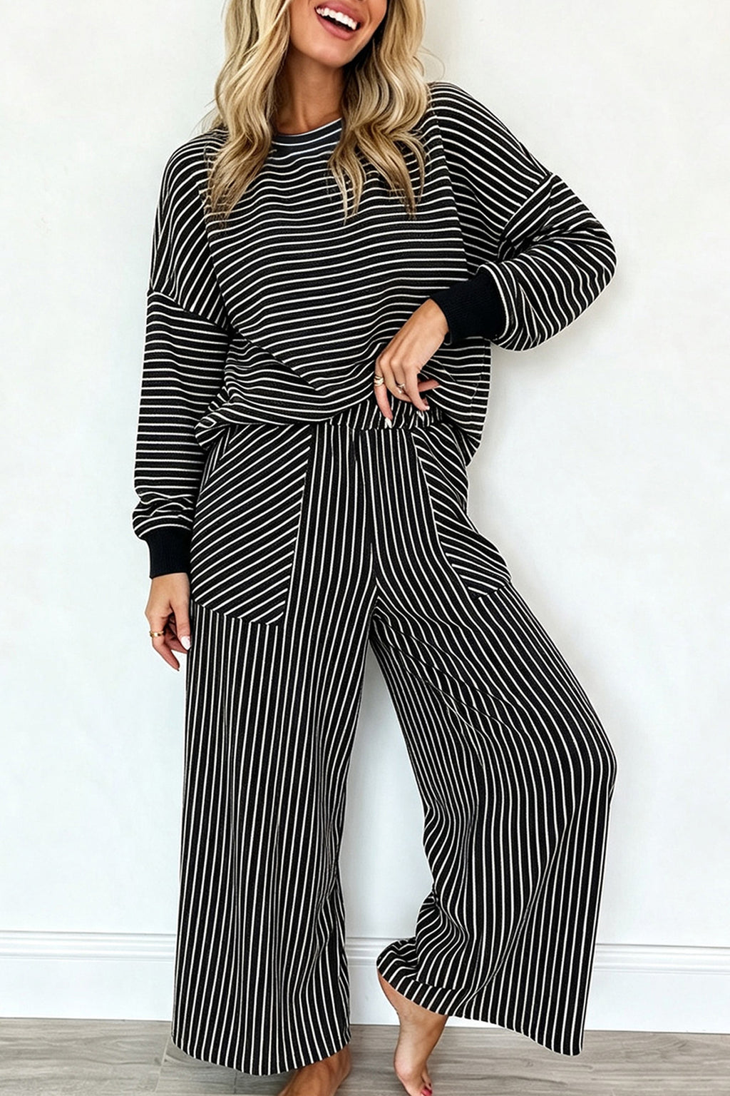 Black Stripe Drop Shoulder Relaxed Pullover Casual Pants 2pcs Set