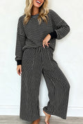 Black Stripe Drop Shoulder Relaxed Pullover Casual Pants 2pcs Set