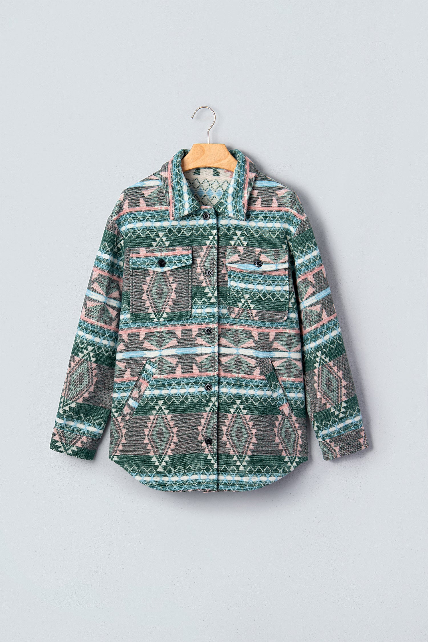 Green Geometric Print Button Front Long Sleeve Shacket