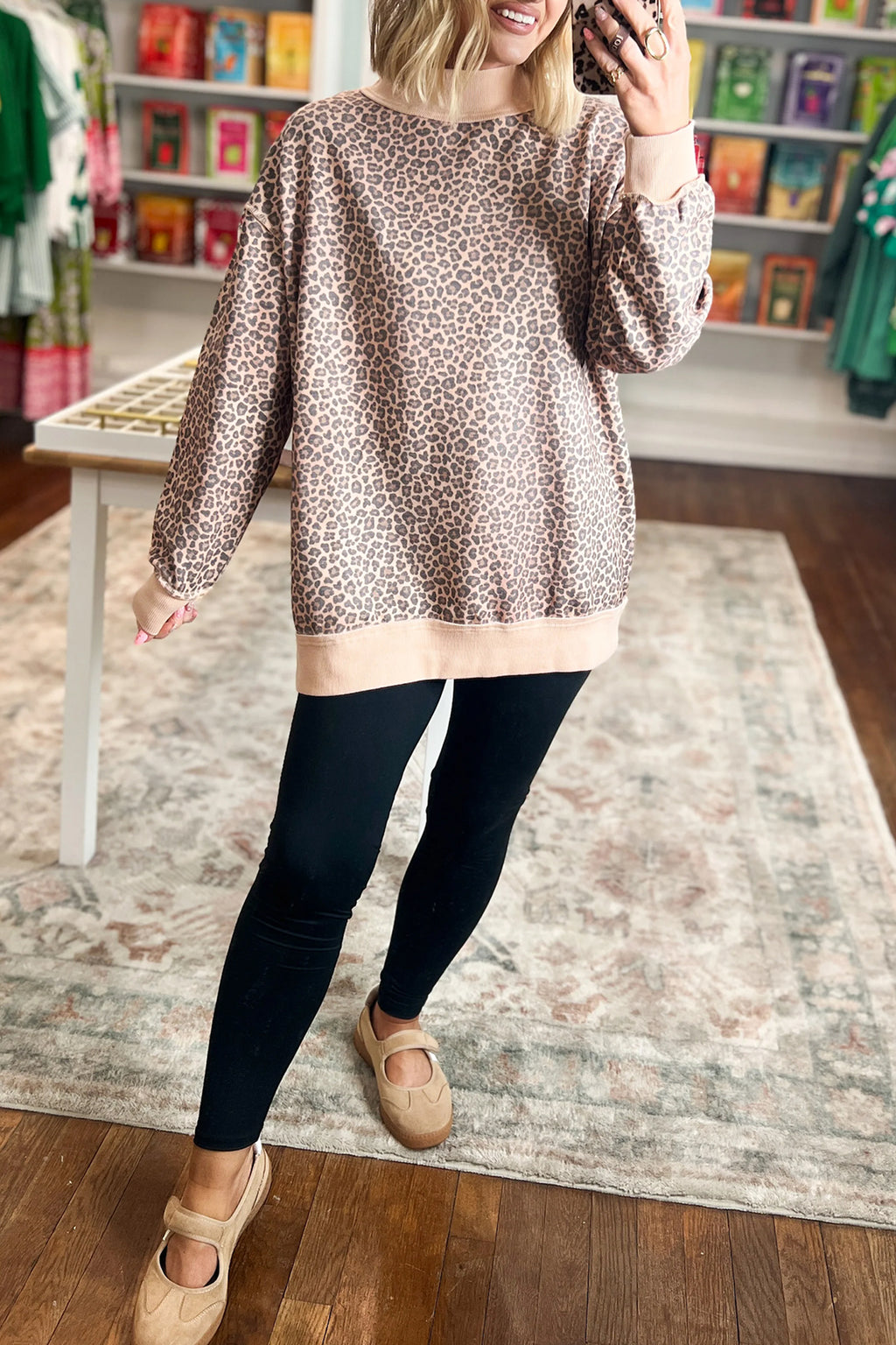 Multicolour Leopard Print High Neck Long Sleeve Ribbed Cuffs Hem Sweatshirt