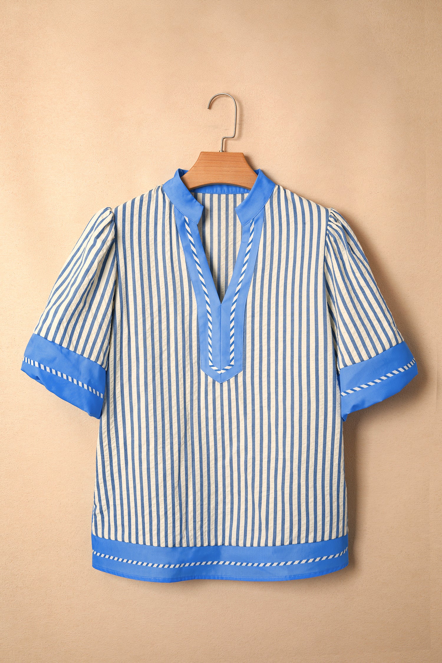Sky Blue Stripe Color Block Detail V Neck Short Sleeve Blouse