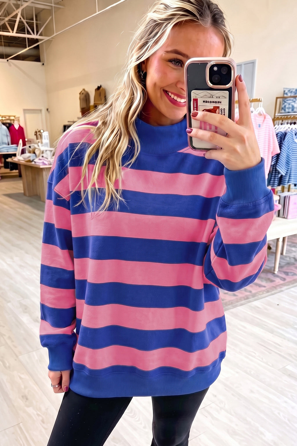 Rose Stripe Colorblock Mock Neck Relaxed Sweatshirt
