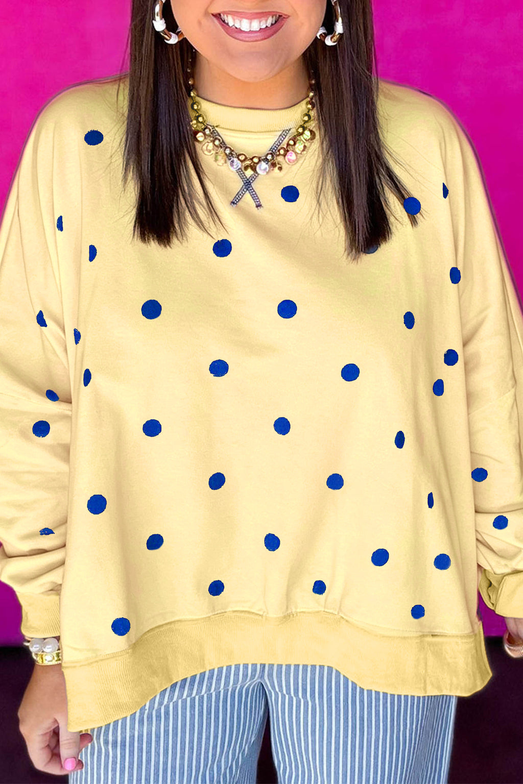Yellow Round Neck Long Sleeve Polka Dot Plus Size Top