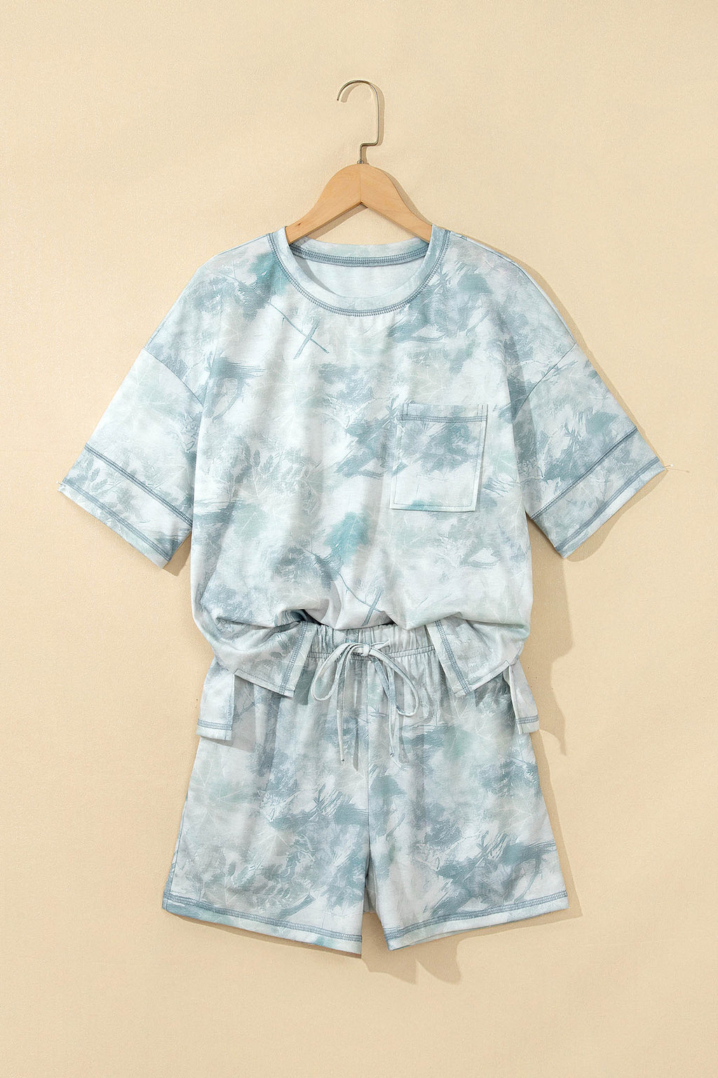 Green Casual Camouflage Short Sleeve Elastic Waist 2pcs Set