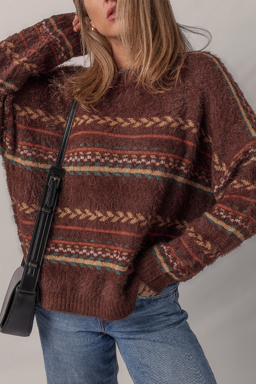 Brown Ethnic Pattern Mohair Knitted Drop Shoulder Sweater