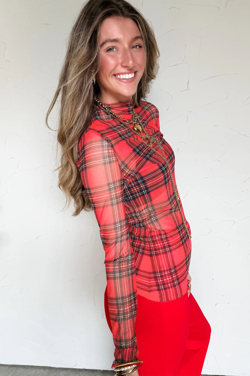 Red Plaid Round Neck Long Sleeve Pullover Top