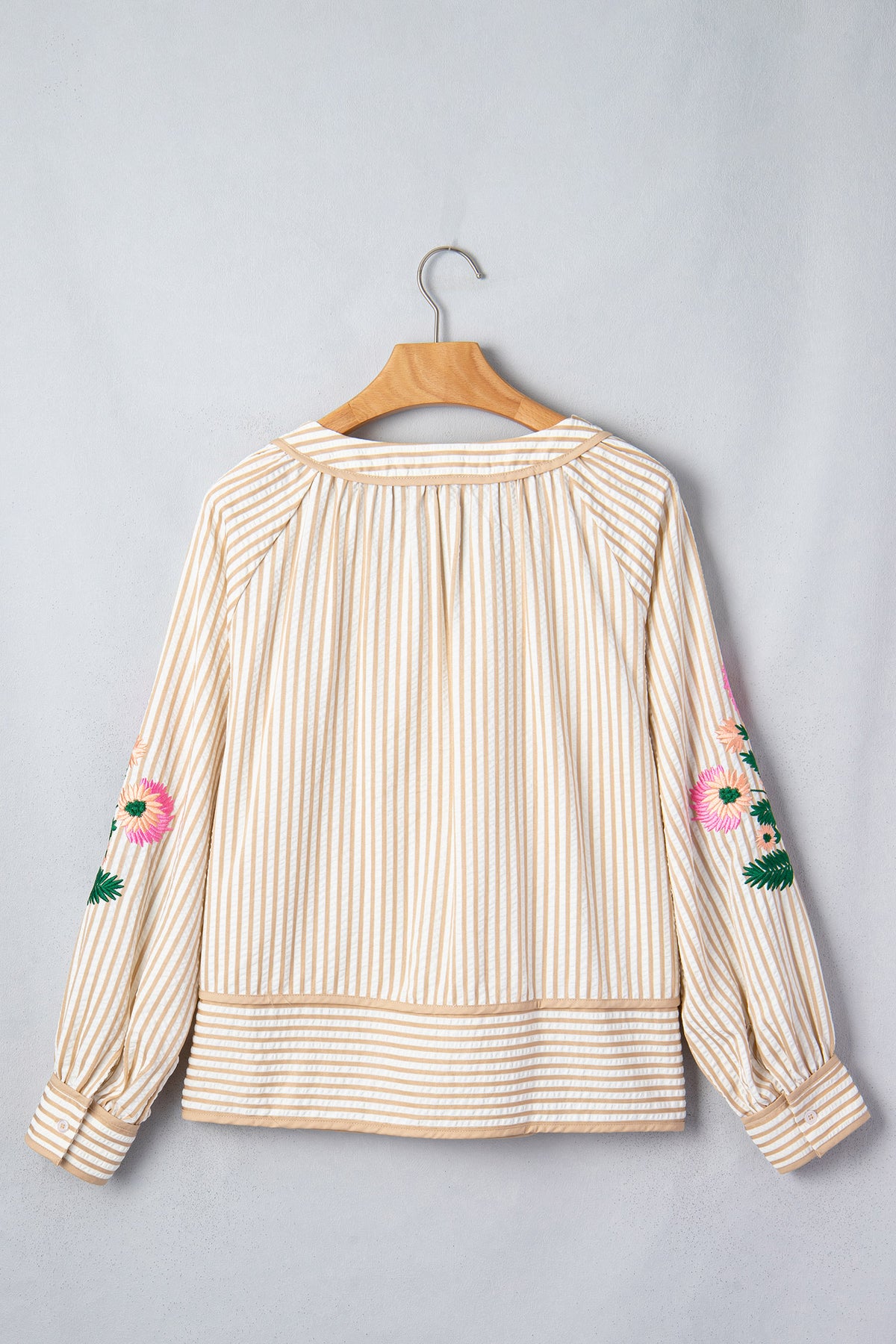 Khaki Stripe V Neck Floral Embroidered Long Sleeve Blouse