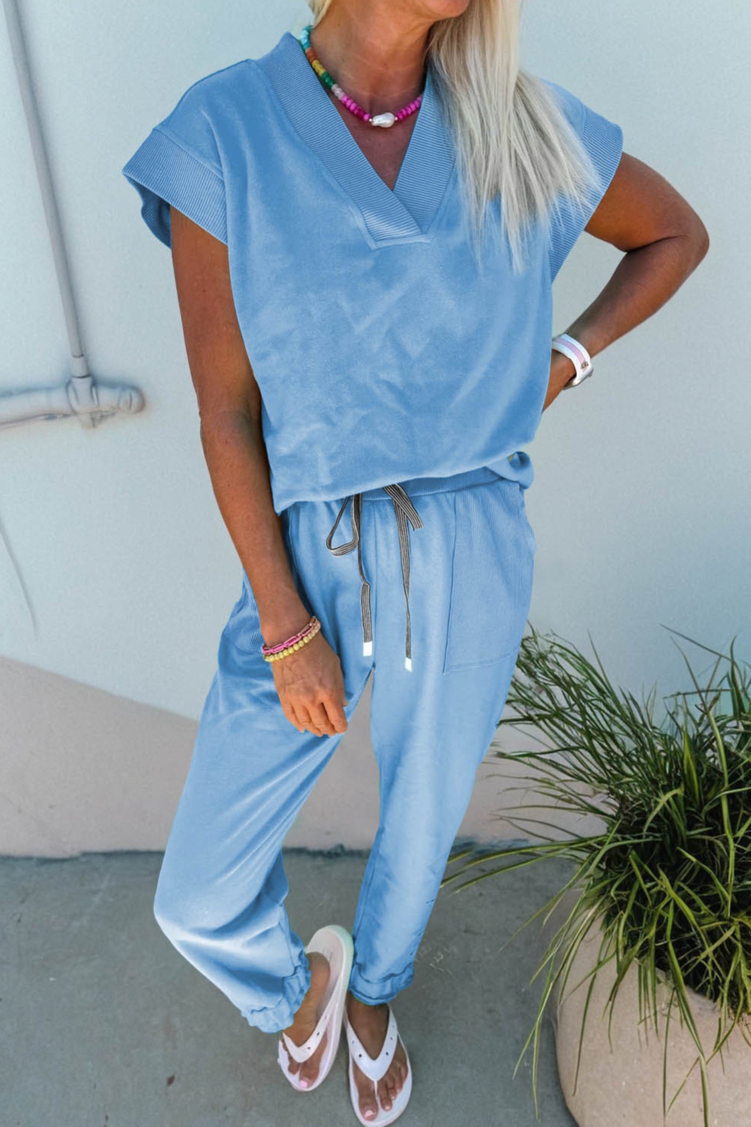 Apricot Pink Solid Color V Neck Tee Drawstring Pant Set