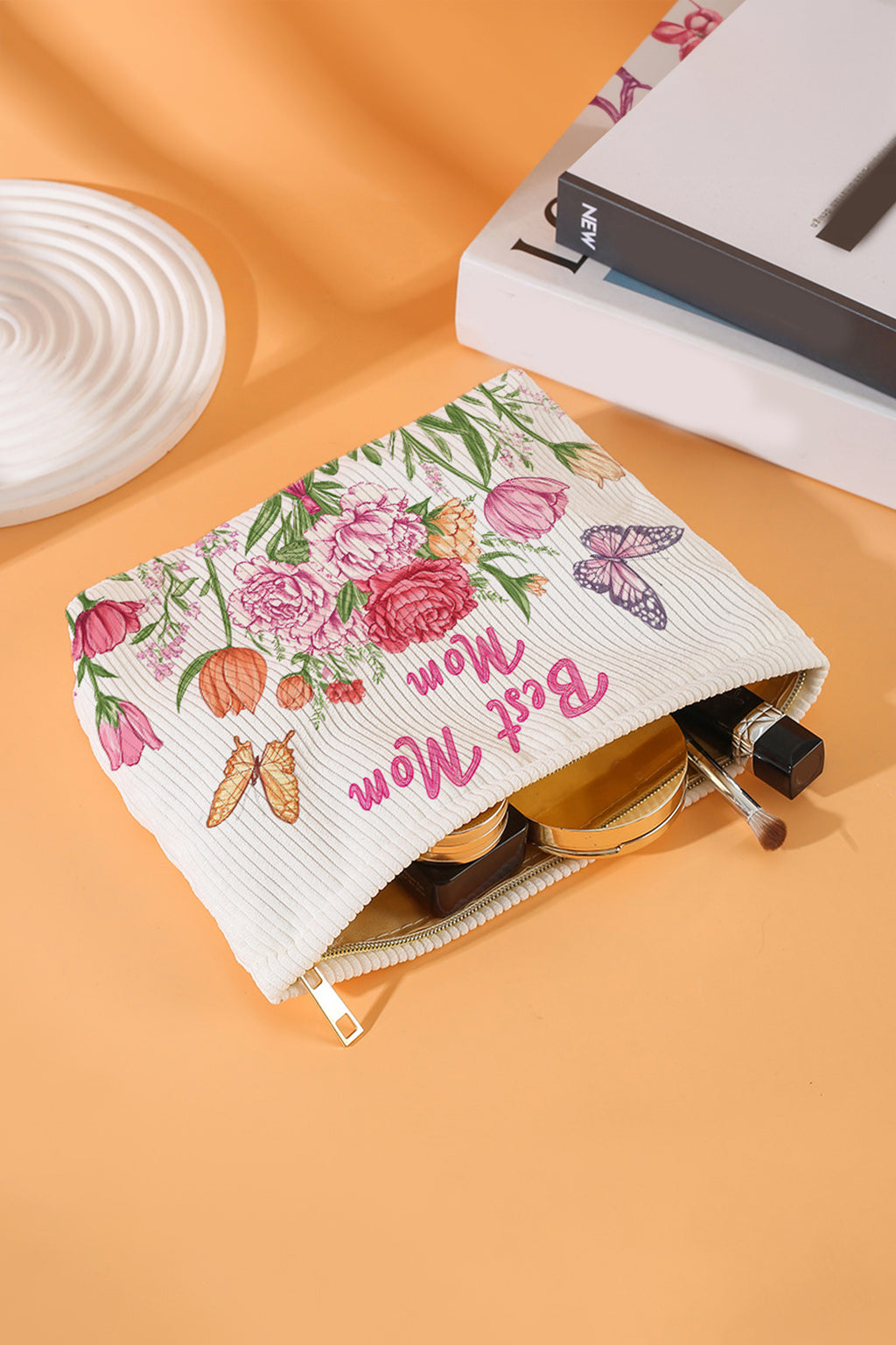 White Best Mom Mom Butterfly Floral Printed Corduroy Makeup Bag