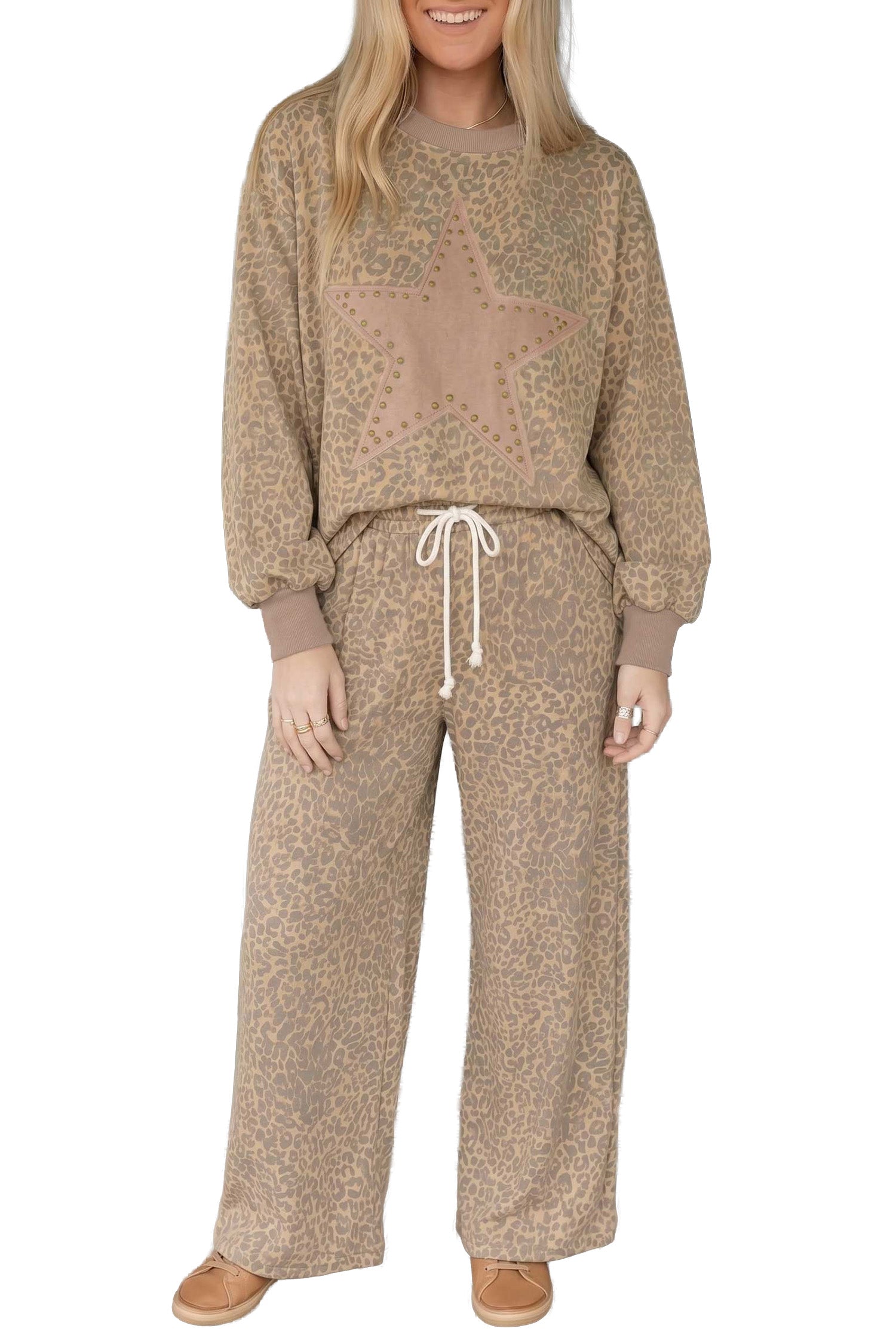 Khaki Leopard Star Print Long Sleeve Loose Casual Two Piece Pants Set