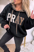 Black PRAY Mix Pattern Letter Graphic Plaid Contrast Drawstring Hoodie