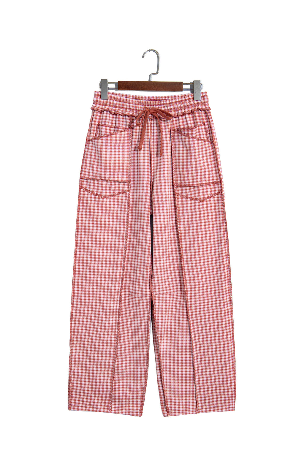 Green Plaid Contrast Trim Drawstring Elastic Waist Shift Pants
