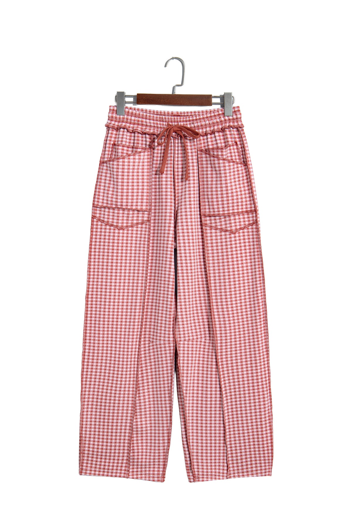 Green Plaid Contrast Trim Drawstring Elastic Waist Shift Pants
