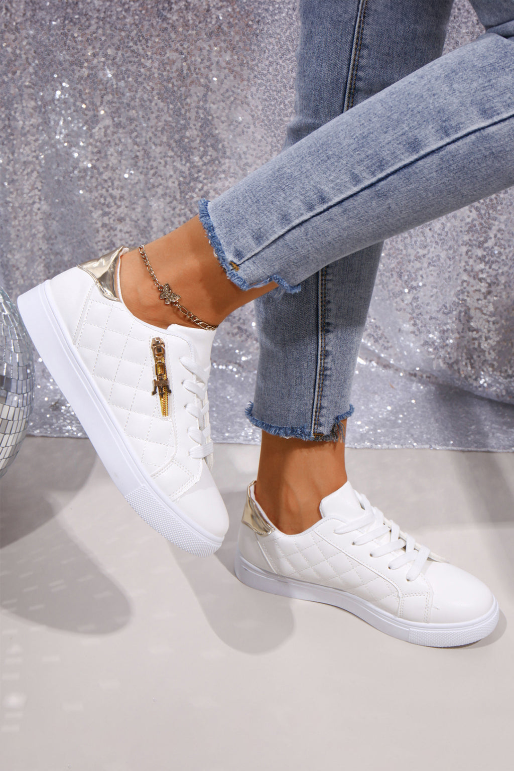 White Quilted PU Leather Zip Metallic Detail Lace-up Shoes