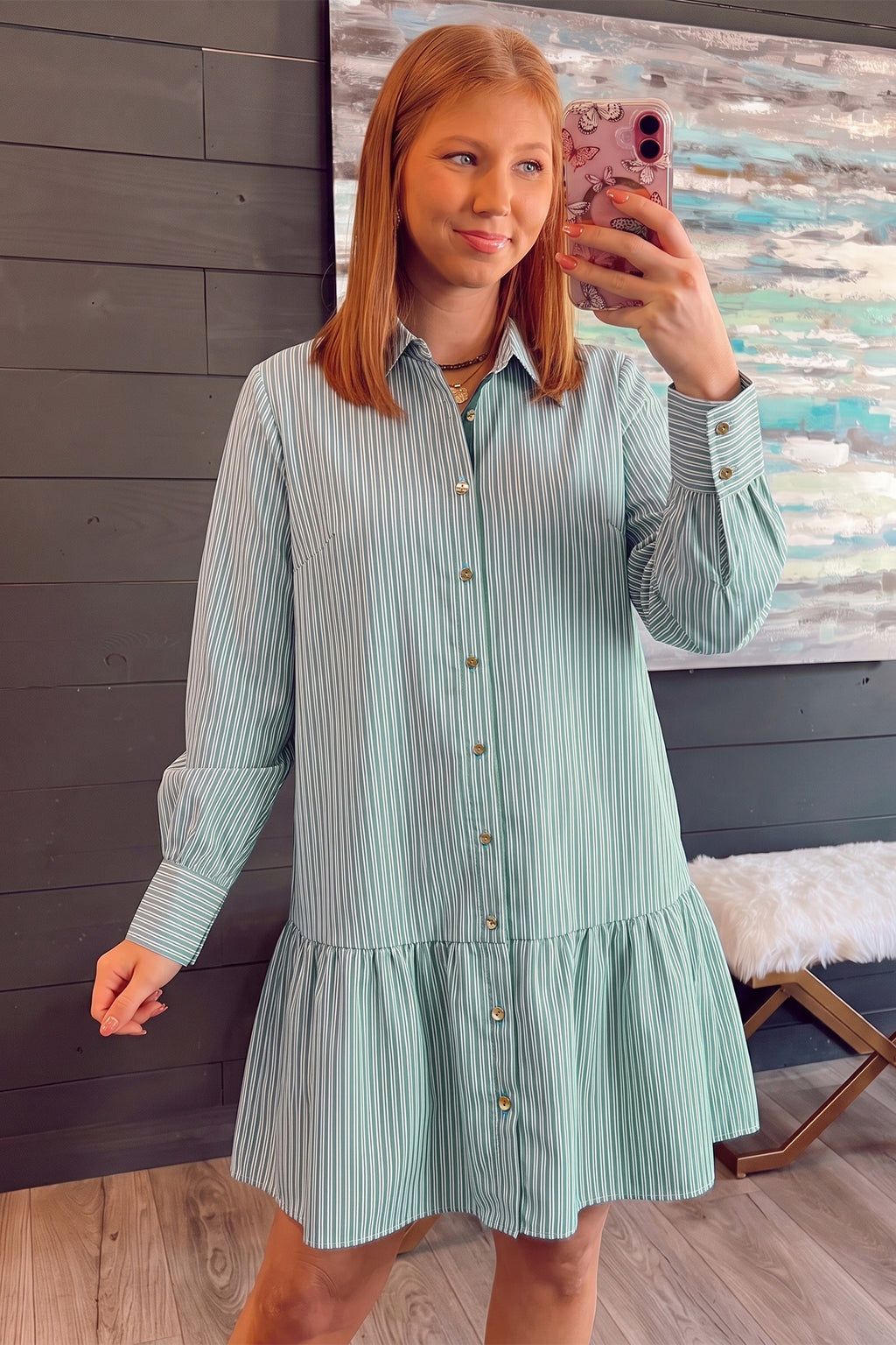 Green Stripe Striped Shift Long Sleeve Dress