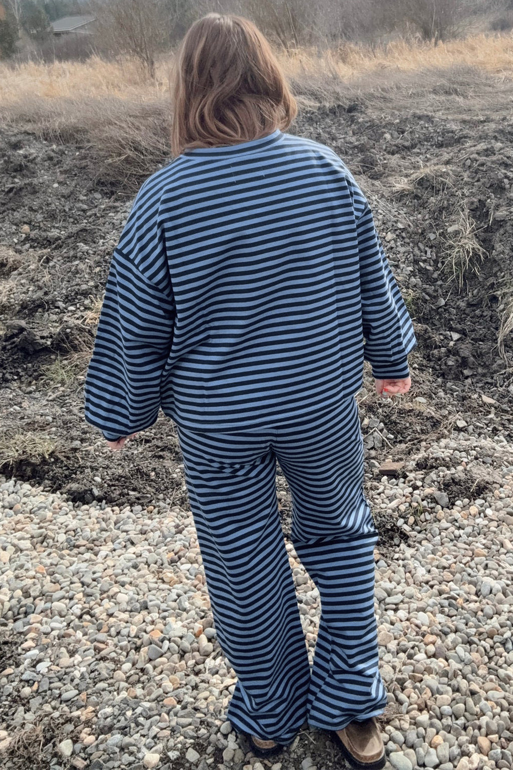 Blue Stripe Long Sleeve Drawstring Waist Plus Size Lounge Pants Set