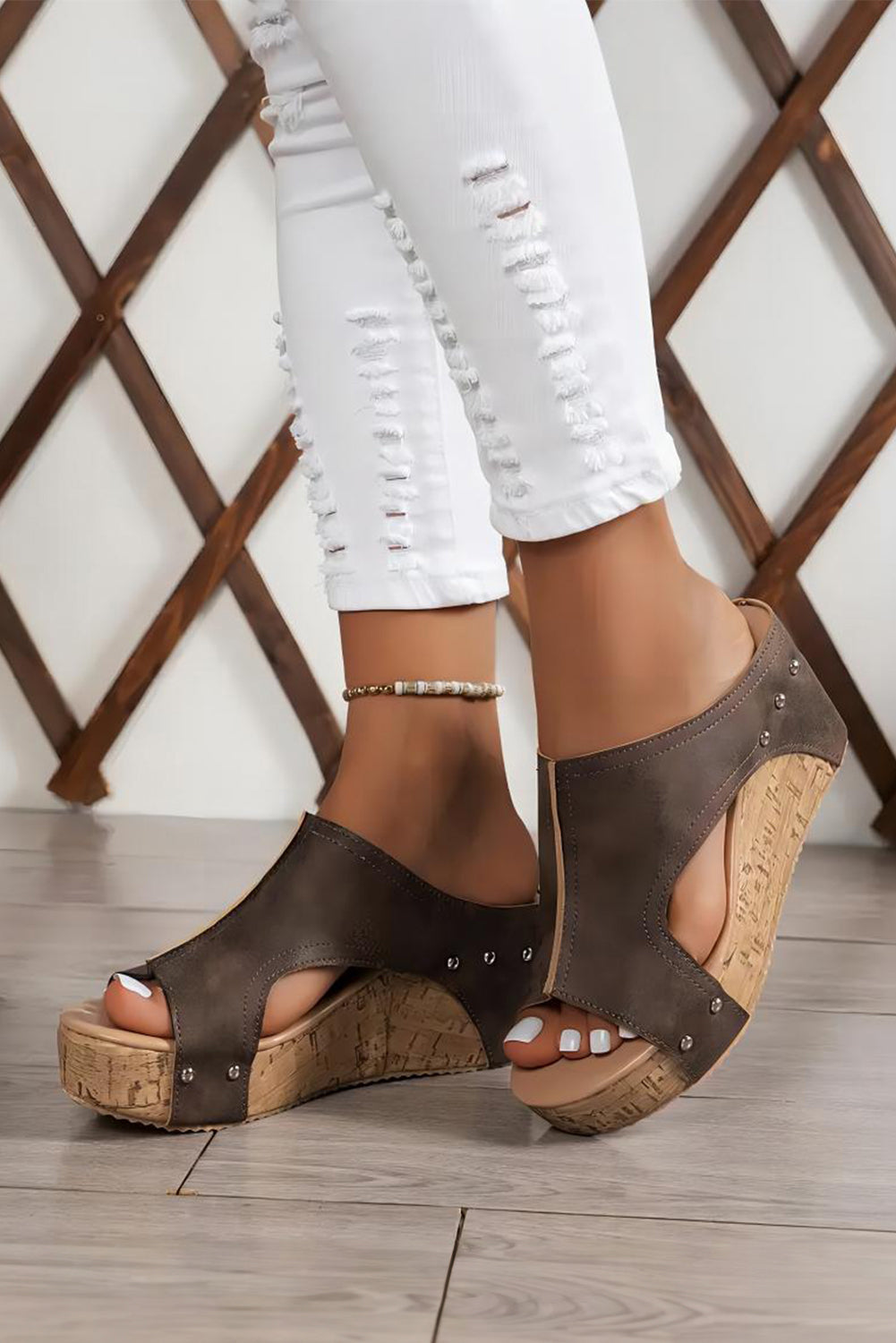 Gray Hollow Out Studded PU Leather Wedge Slippers