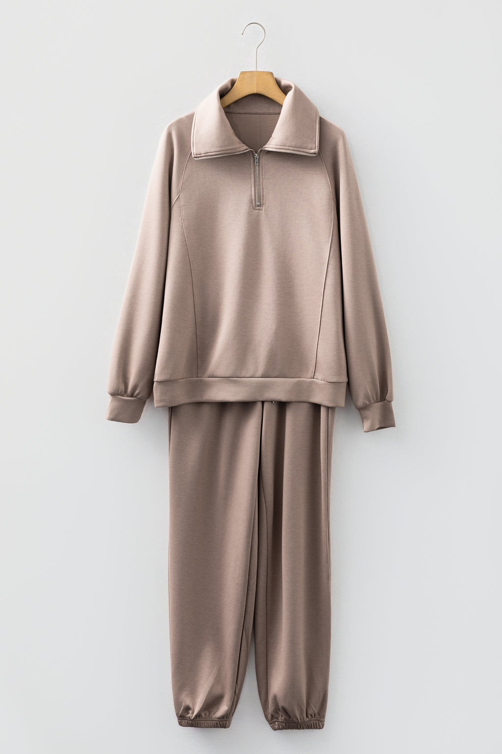 Light Grey Zip Collar Long Sleeve Top Drawstring Pants Set