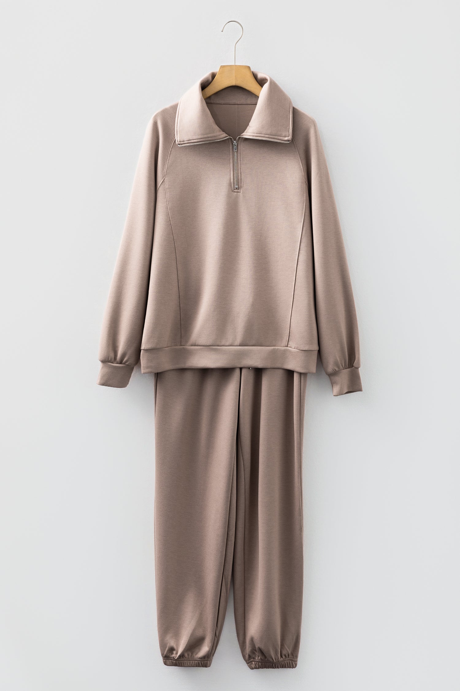 Light Grey Zip Collar Long Sleeve Top Drawstring Pants Set