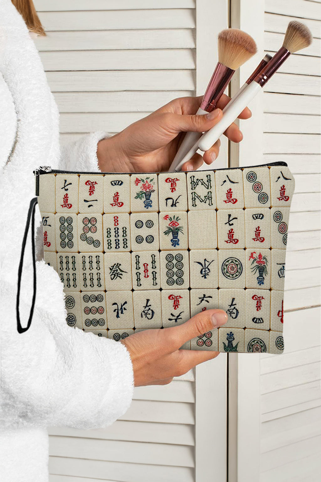 White Mahjong Pattern Printed Canvas Cosmetic Bag