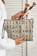 White Mahjong Pattern Printed Canvas Cosmetic Bag
