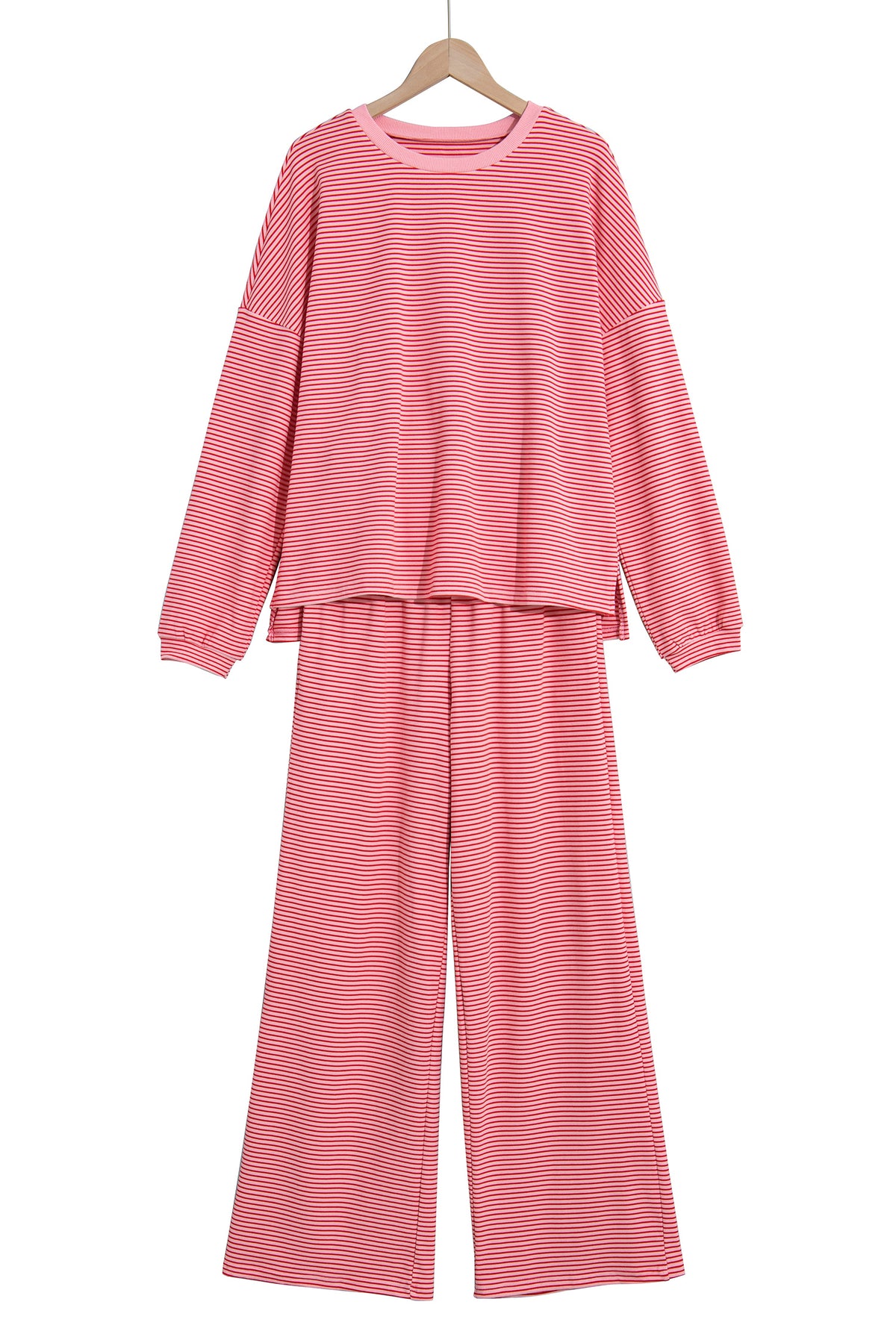 Pink Striped Drop Shoulder Long Sleeve Pant Set