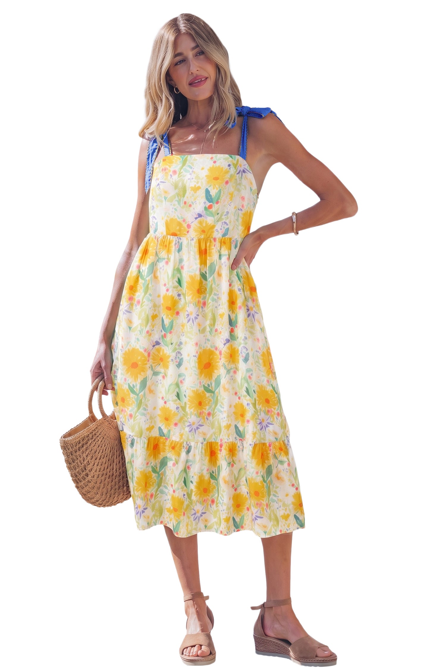 Yellow Floral Print Contrast Stitched Knot Denim Straps High Waist Dress