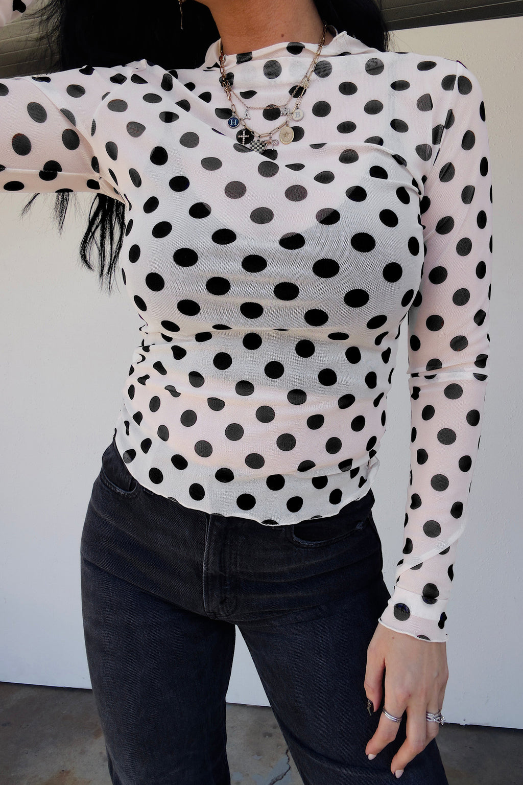 White Polka Dot Sheer Long Sleeve Round Neck Slim Top