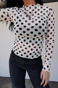 White Polka Dot Sheer Long Sleeve Round Neck Slim Top