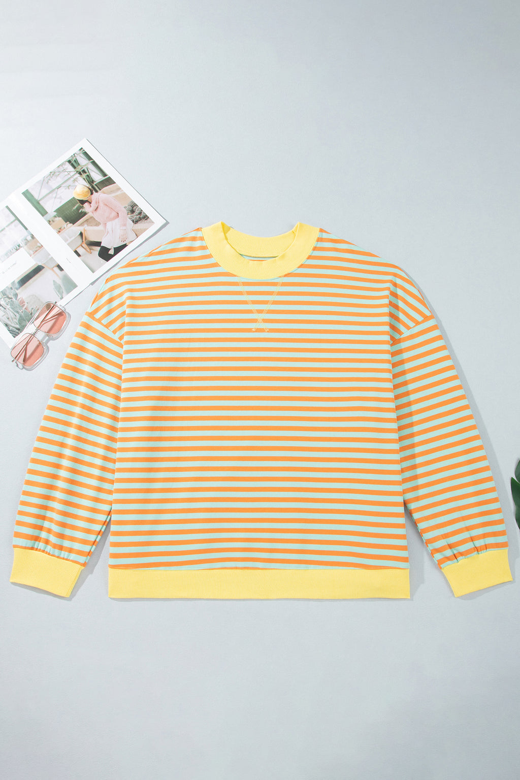 Orange Stripe High Neck Striped Colorblock Tunic Plus Size Sweatshirt