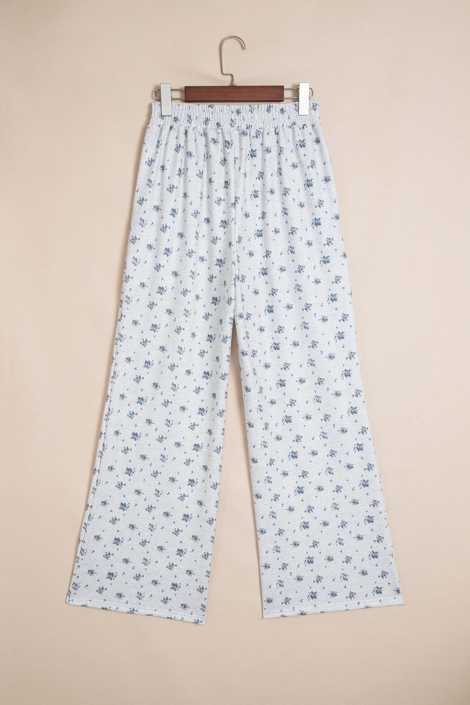 Gray Floral Print Elastic Waist Full Length Regular Pants
