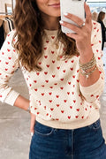Beige Heart Print Round Neck Long Sleeve Regular Fit Sweatshirt