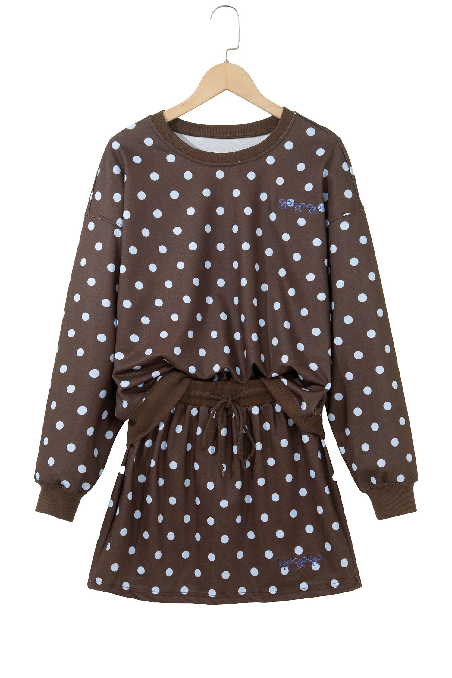 Brown Polka Dot Long Sleeve Pullover Embroidered Bow Detail 2pcs Skort Set