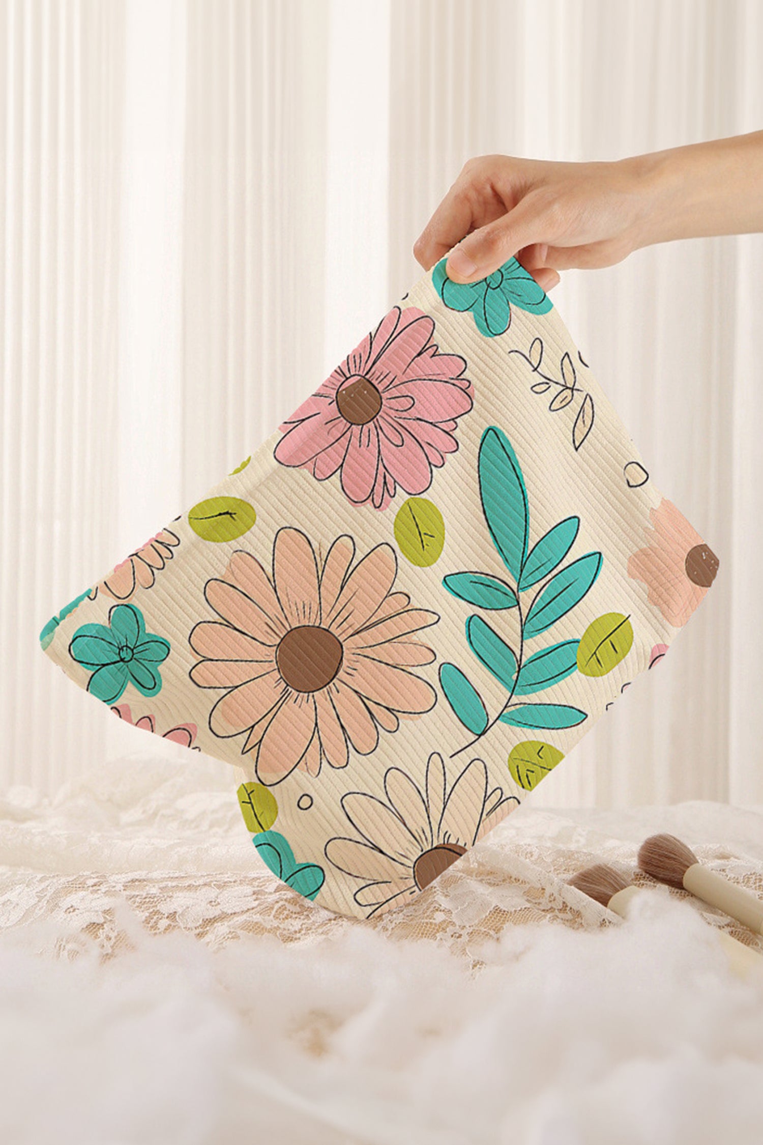 White Floral Print Corduroy Makeup Bag
