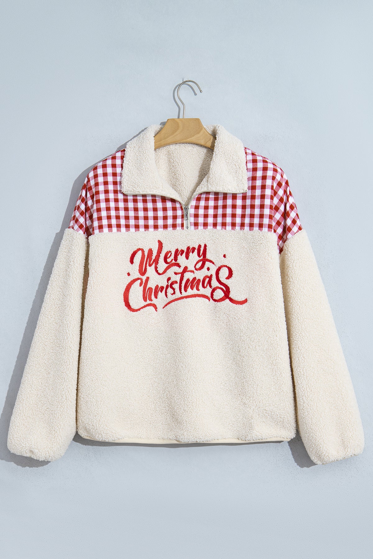 White Plush Plaid Patchwork Merry Christmas Baggy Sweatshirt