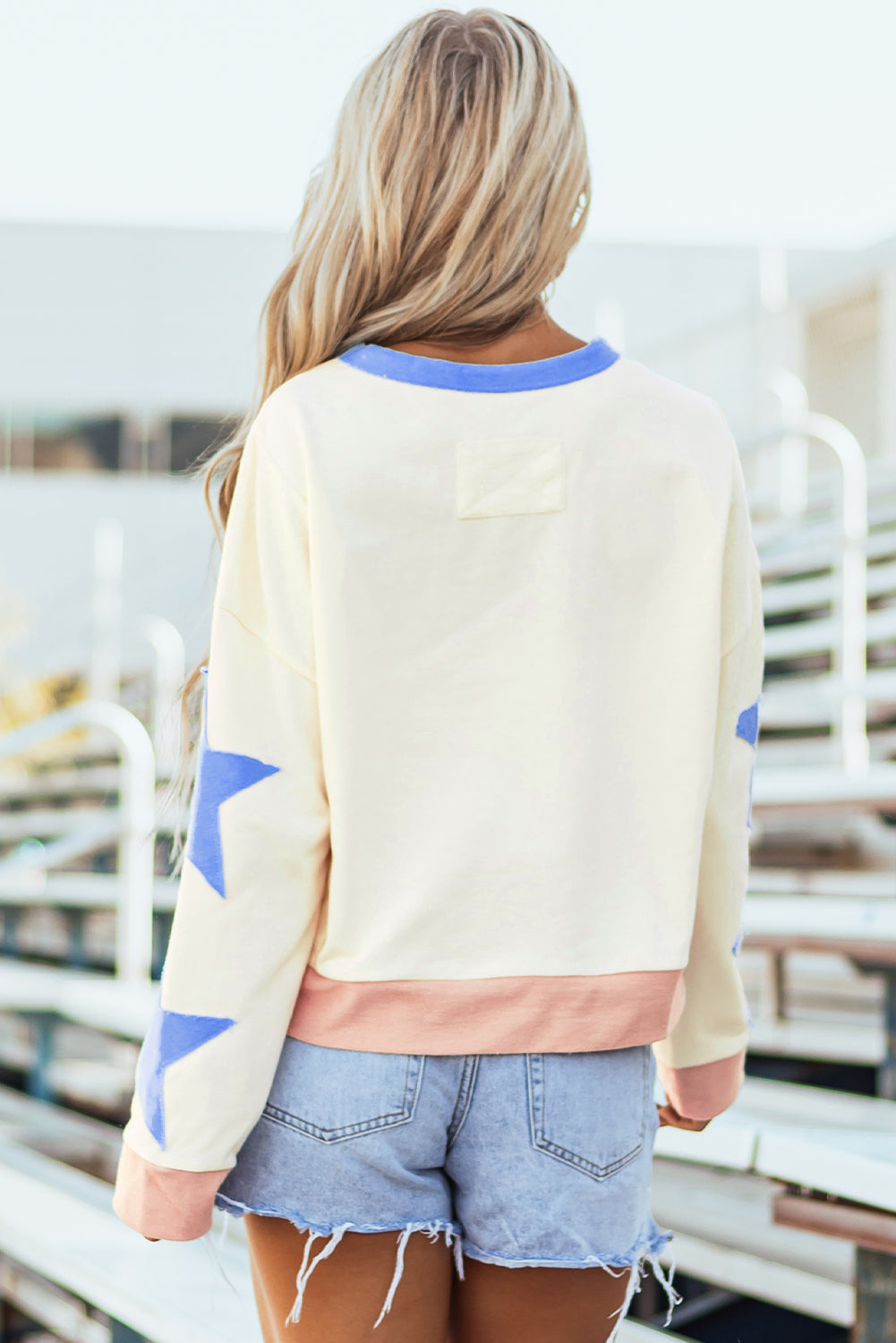 Beige Game Day Graphic Starry Patched Sleeve Contrast Trim Casual Sweatshirt