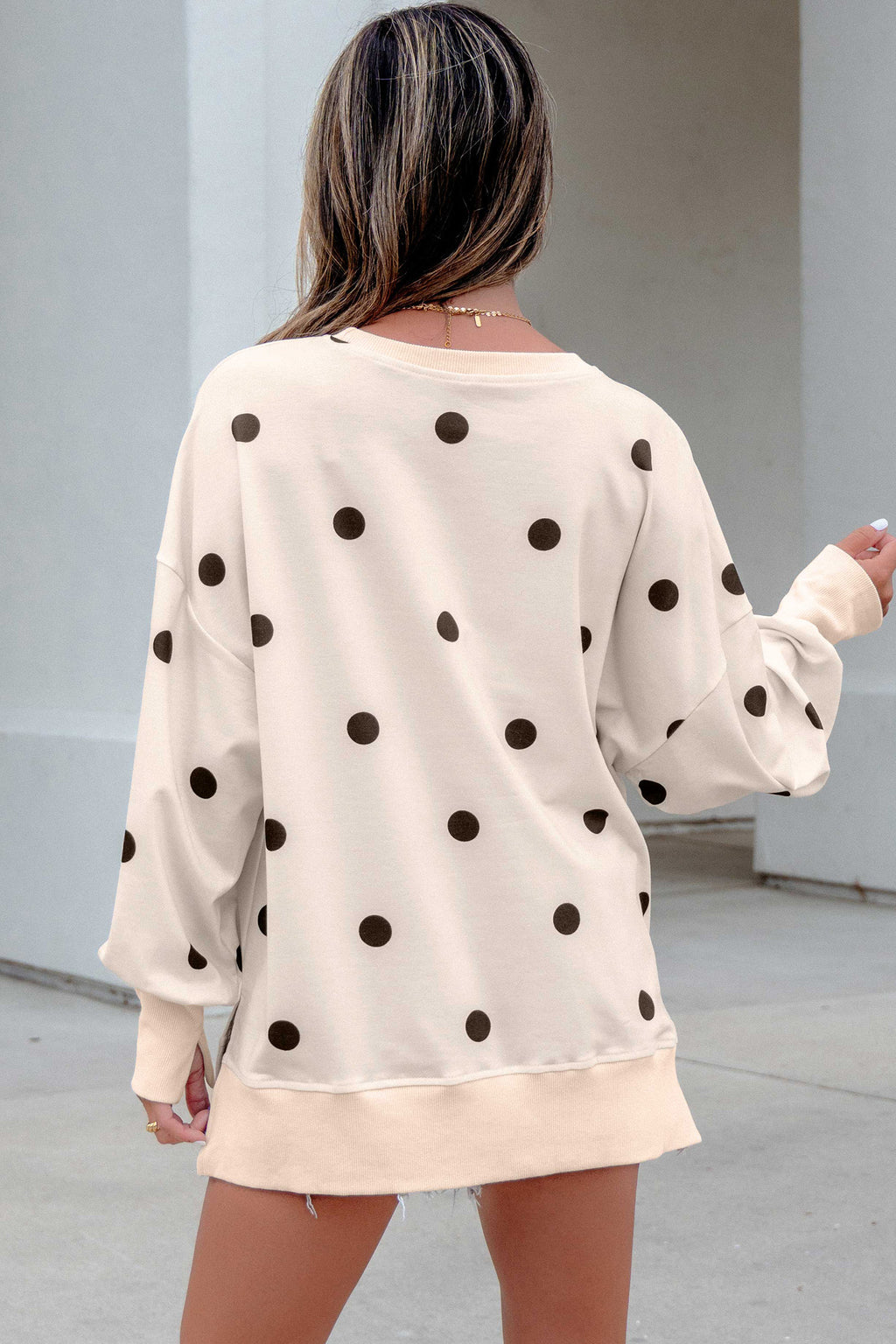 Beige Loose-fit Long Sleeve Round Neck Polka Dot Tunic Sweatshirt