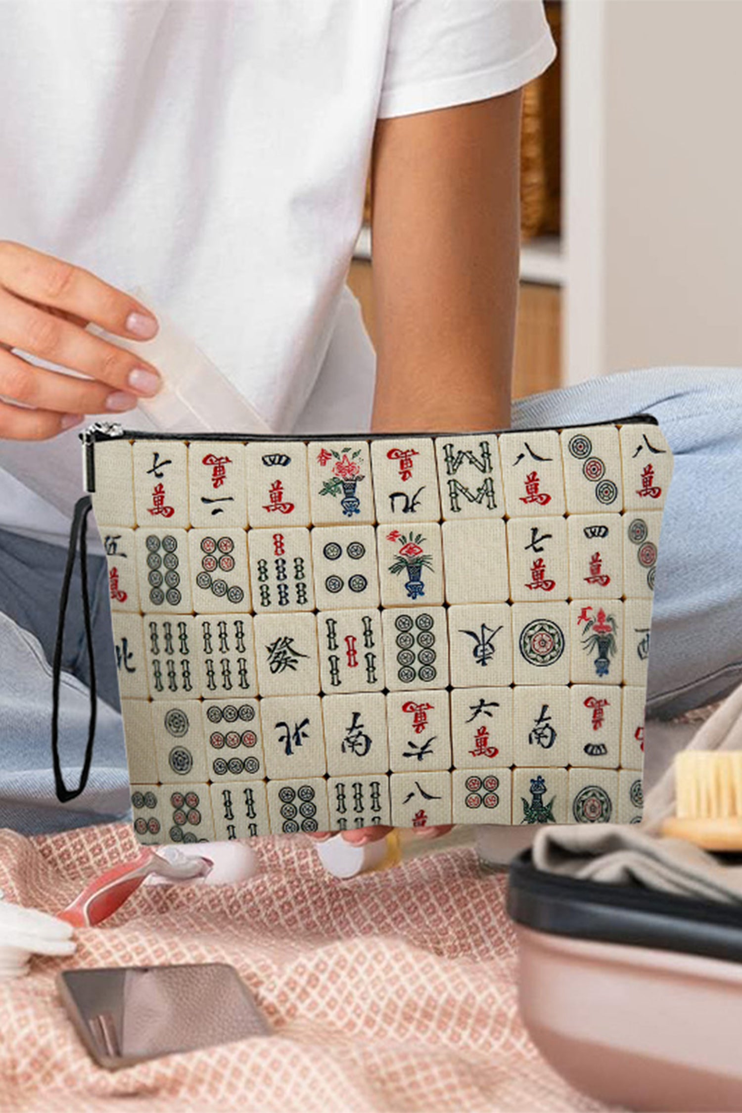 White Mahjong Pattern Printed Canvas Cosmetic Bag