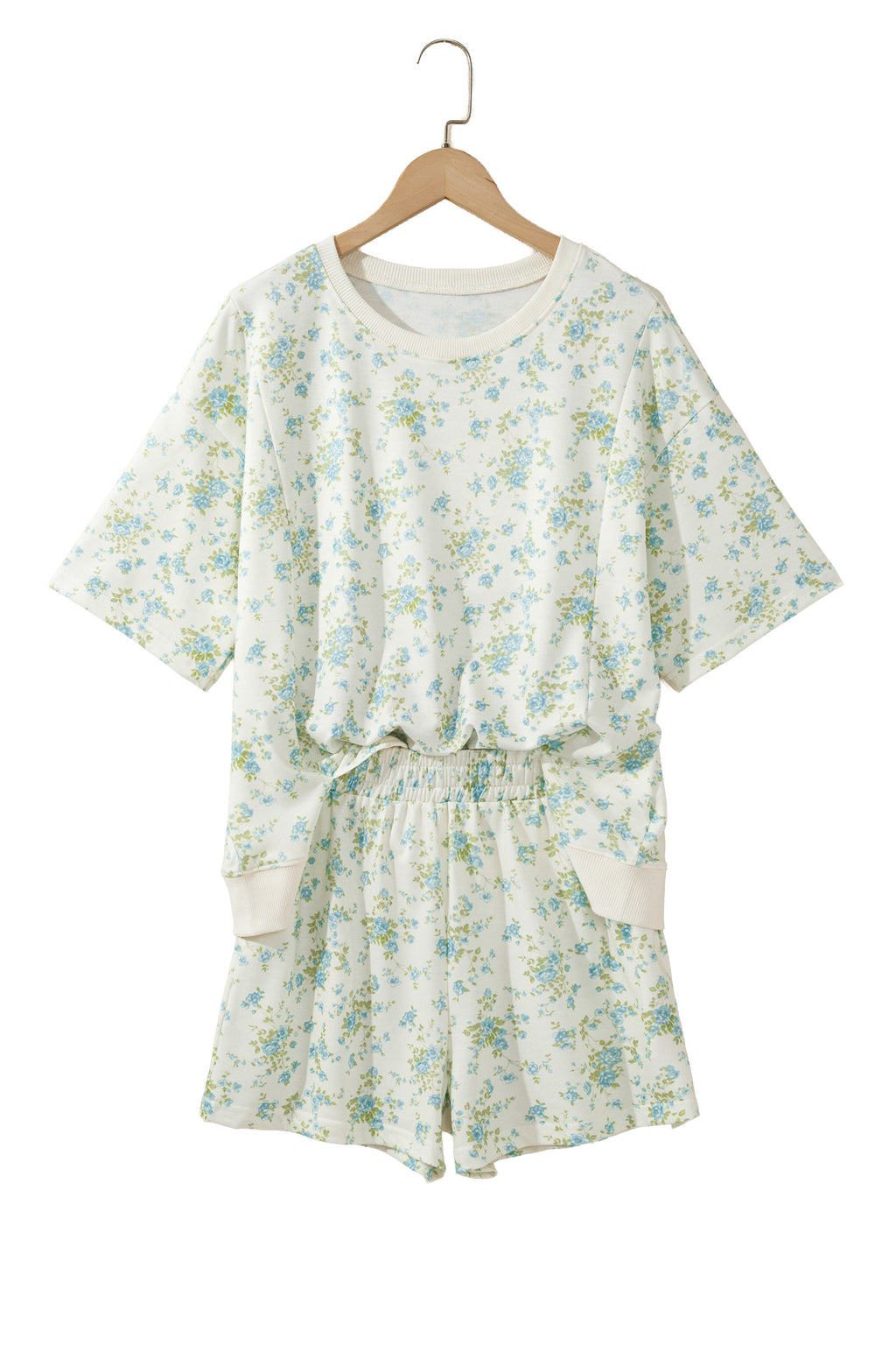 Sky Blue Floral Print Short Sleeve Elastic Waist Pocket Casual Two Piece Short Sets