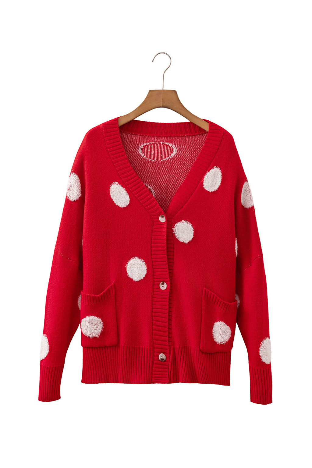 Red Polka Dot Button Front Oversized V Neck Cardigan