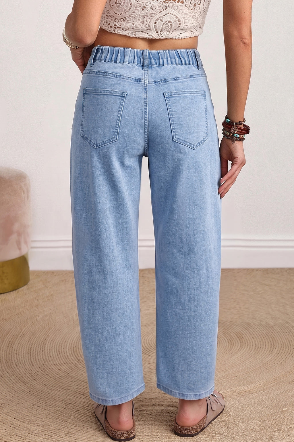 Beau Blue Solid Color Square Patch Pocket Ankle-length Barrel Jeans