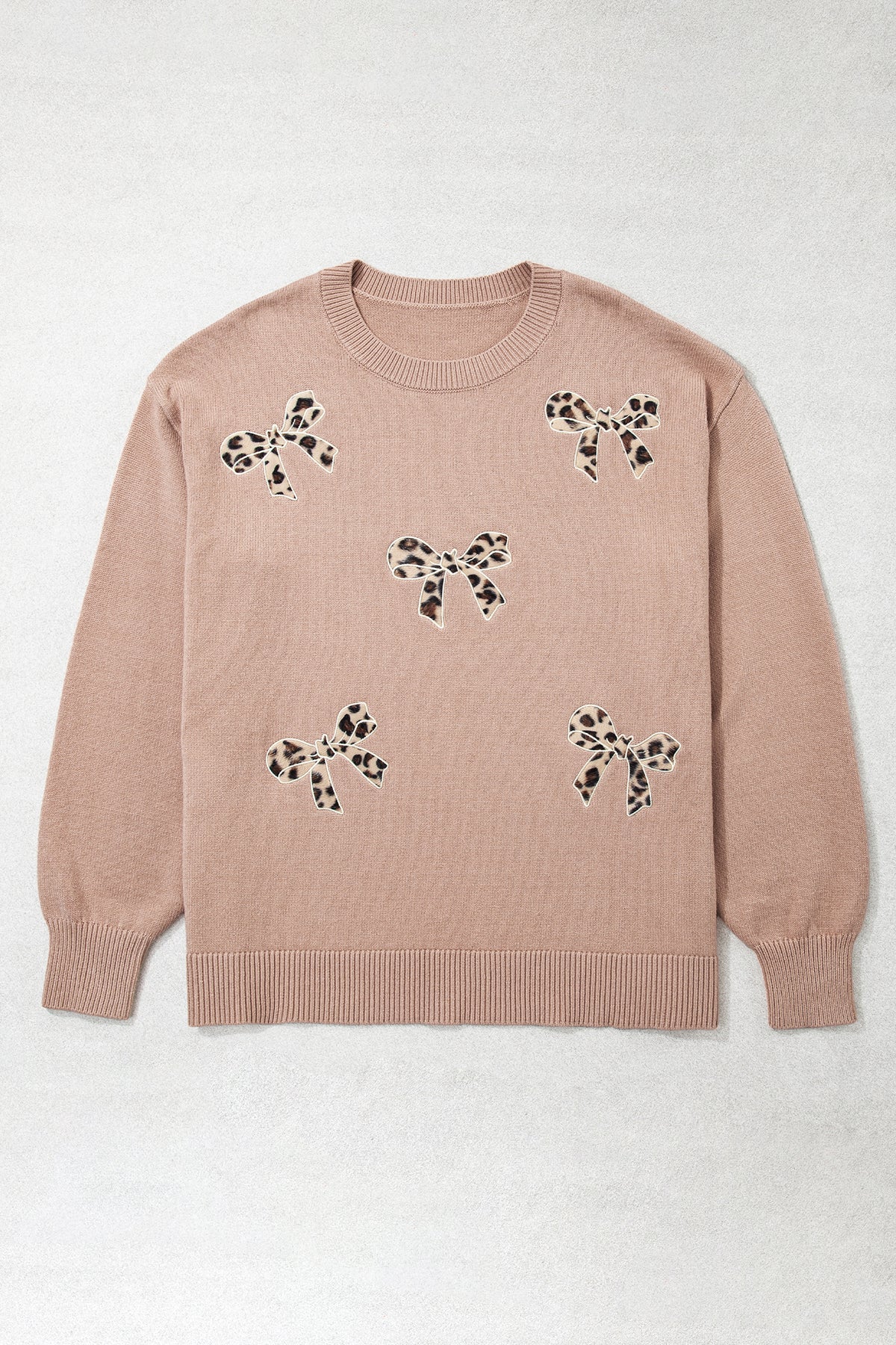 Dark Khaki Leopard Bow Embroidery Drop Shoulder Tunic Plus Size Sweater