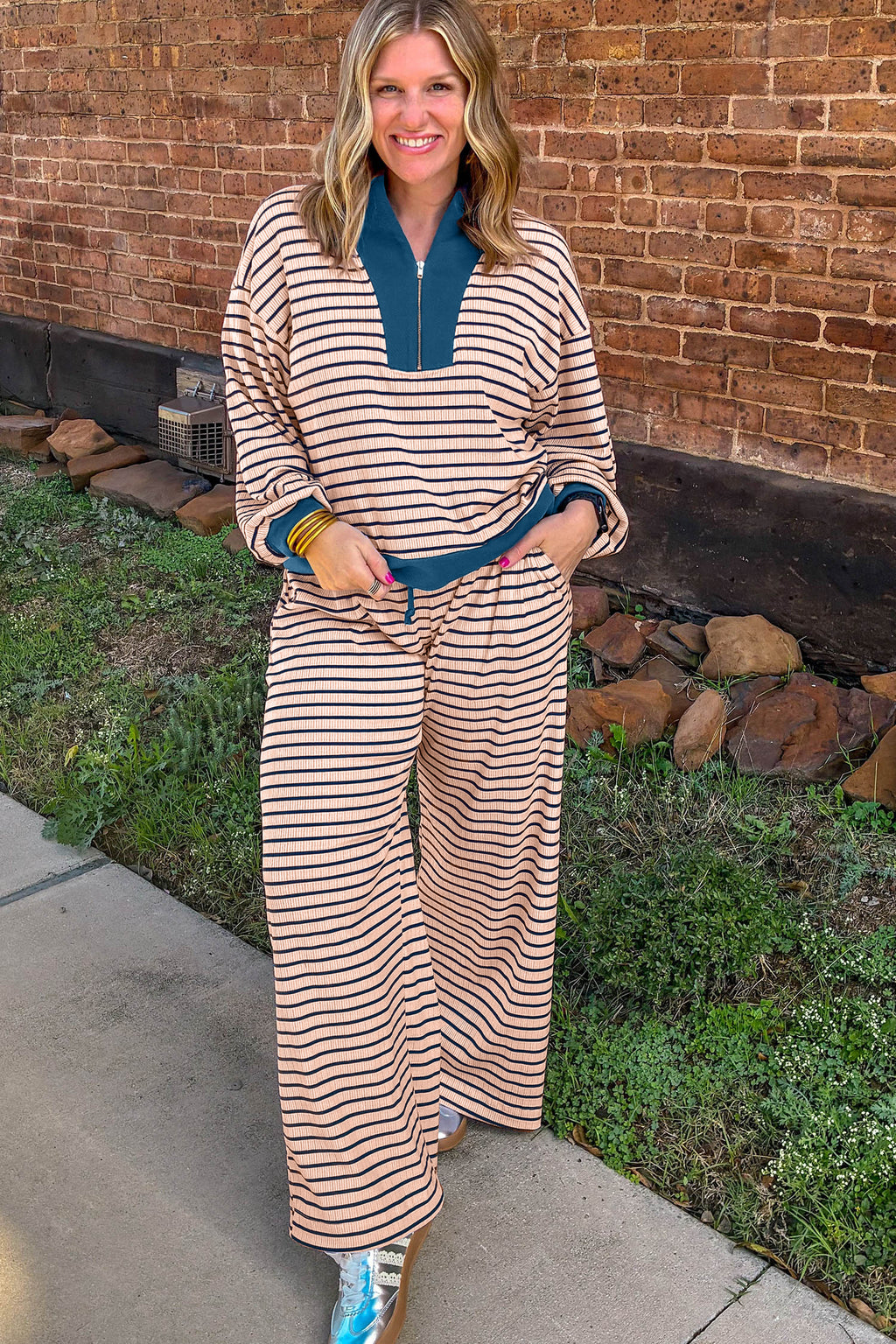 Pink Stripe Striped Colorblock V Neck Long Sleeve Plus Size Set