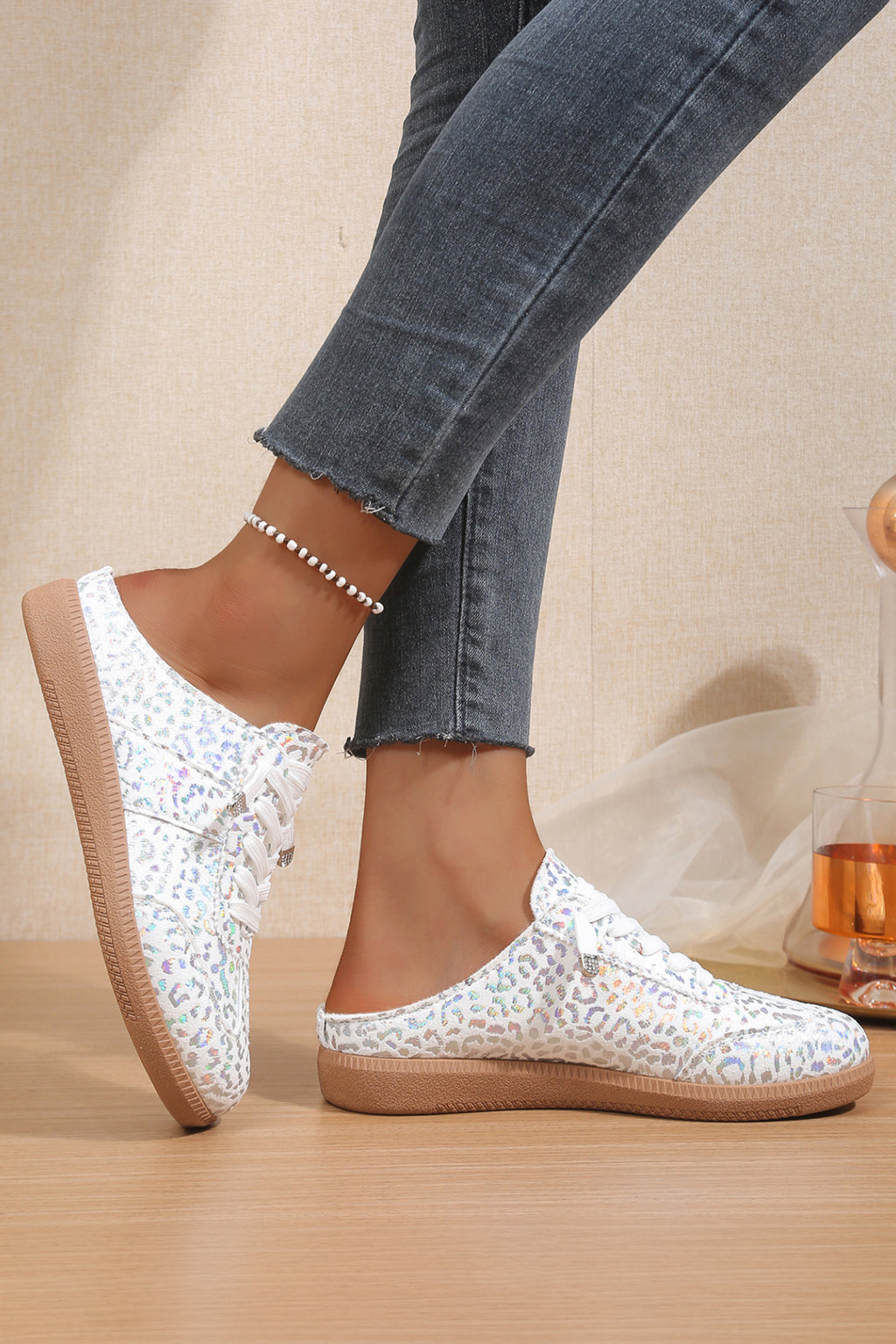 White Shiny Leopard Print Lace up Slip On Shoes