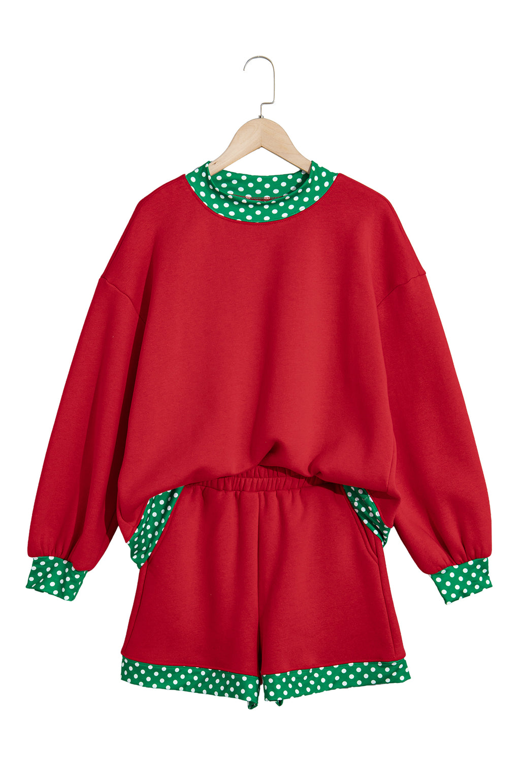 Racing Red Polka Dot Trim Baggy Pullover 2pcs Short Set