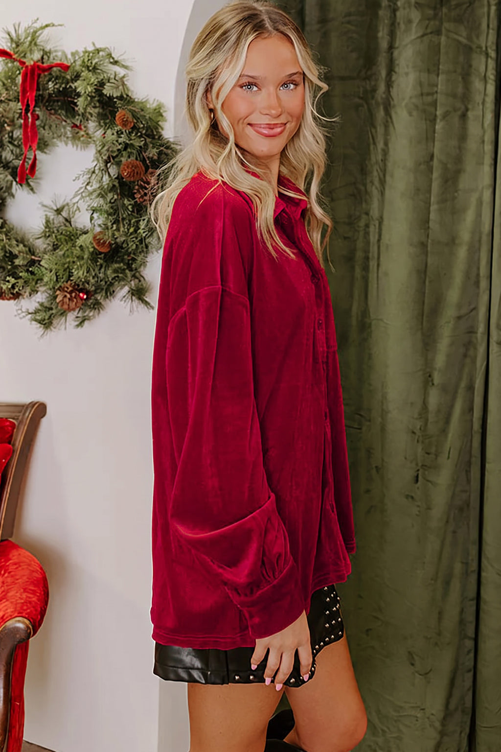 Fiery Red Soft Velvet Patch Pocket Button Down Loose Shirt