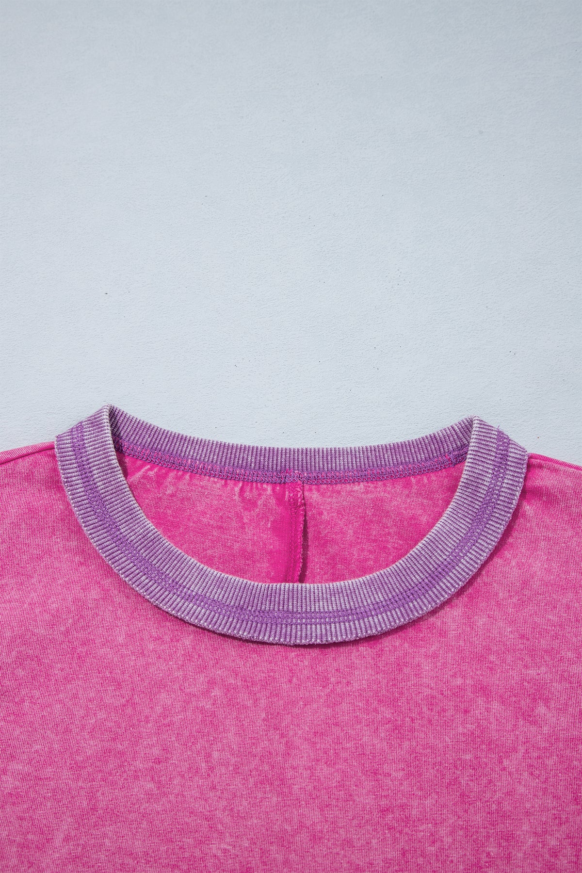 Strawberry Pink Mineral Wash Color Block Trim Bracelet Sleeve Pullover Top