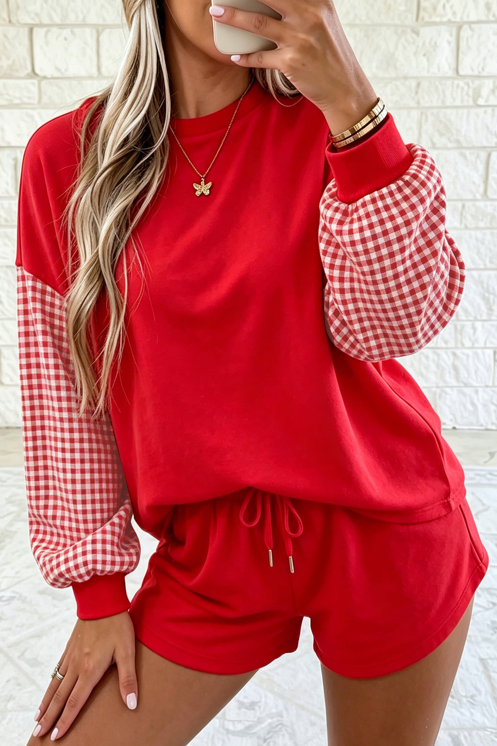 Red Plaid Patchwork Long Sleeve Top Solid Drawstring Shorts Set